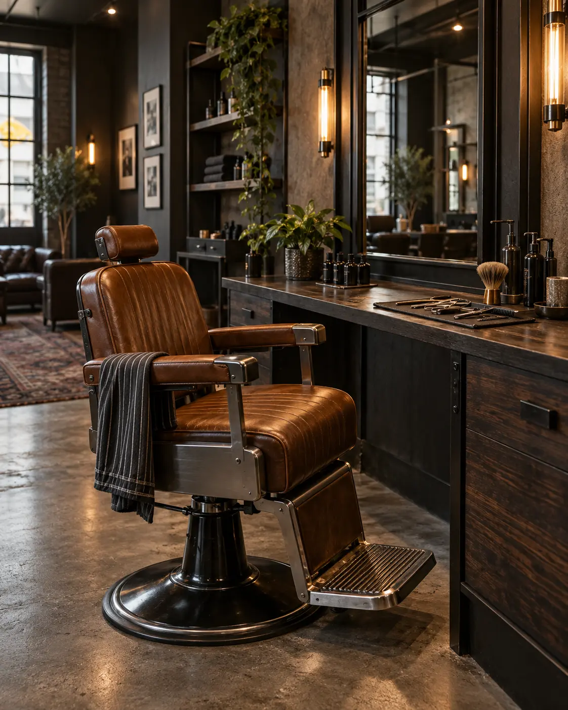 Cadeira de couro e bancada da Barbearia Lisboa